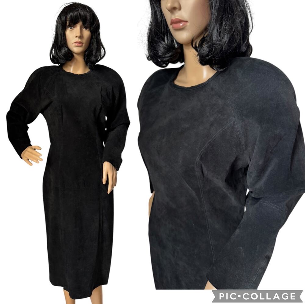 Vintage 1980s Cedars Black Suede Midi Dress Batwing Leather Minimalist Size XS